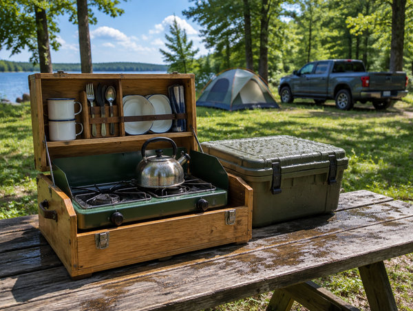 An open wooden camp kitchen box on a wet picnic table at a sunny lakeside campsite after a brief summer shower.
