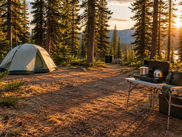 A forest campsite at golden hour with the tent, cook station, and food canister spread far apart in a triangle.