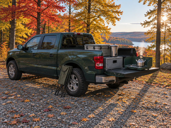 A pickup truck with its tailgate down, set up as a camp kitchen at the edge of a red and gold autumn forest.