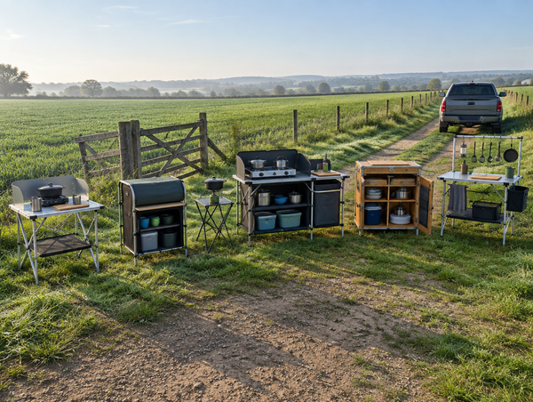Six different camp kitchen setups lined up on a grassy dirt track between green farm fields in morning light.