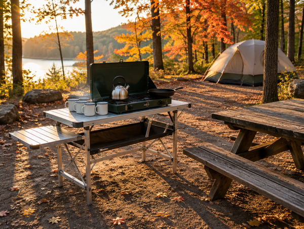 A folding camp kitchen with a two-burner stove and cookware at an empty autumn campsite in golden late-afternoon light.