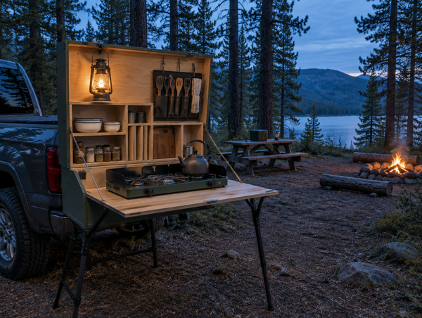 An open camp kitchen box with a stove and neatly stored cookware at a forest campsite at dusk, lit by a lantern.