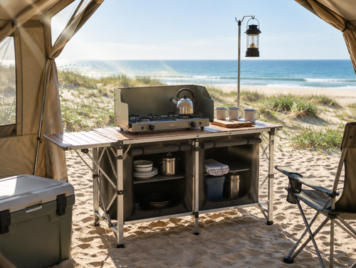 A folding aluminum camp kitchen with a two-burner stove set up in a sunny beach camp among dune grass.