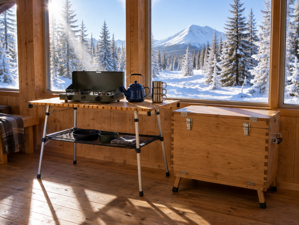 A bamboo folding camp kitchen table and a wooden kitchen box in a sunlit hut, with snowy pines outside the windows.