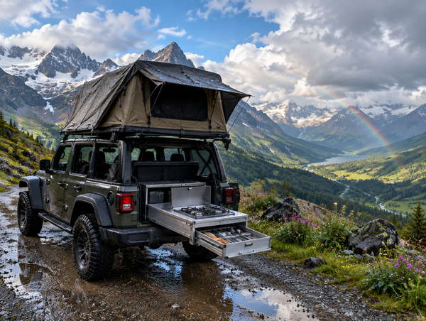 A 4x4 with an open rooftop tent and a slide-out kitchen parked on a wet alpine gravel road after rain