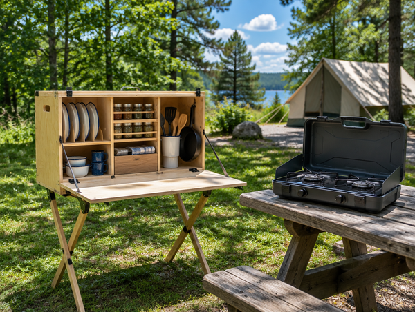 A birch plywood chuck box and a grey plastic camp kitchen case set up at a sunny, green wooded campsite.