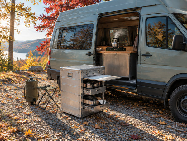 Camper van with its side door open as a galley, aluminum kitchen case opened beside it among bright autumn trees.