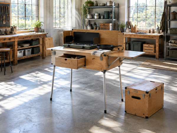A wooden camp kitchen box set up as a table on aluminum legs in a sunlit workshop, with a camp stove on top.