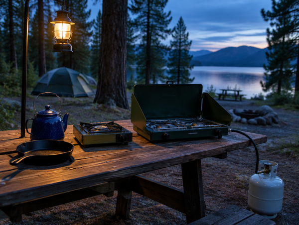 Butane and propane camp stoves on a campground picnic table at dusk, lit by a warm hanging lantern