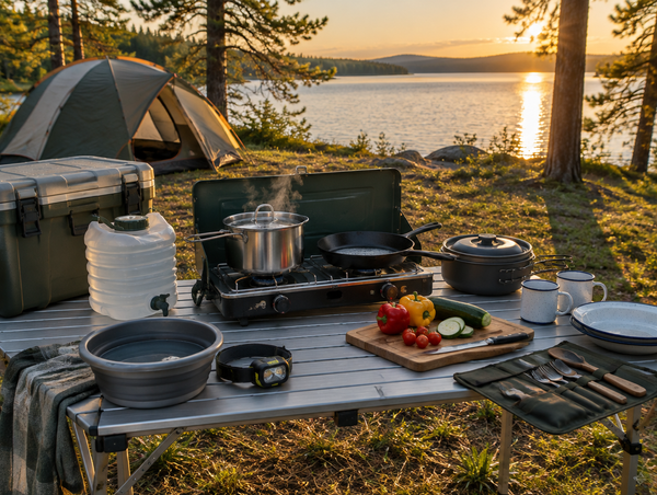 Lakeside campsite at golden hour with a camp kitchen table, stove, cookware and cooler set up in front of a tent.