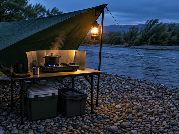 Riverside camp kitchen on a pebble bank at dusk, a stove sheltered under a low tarp and lit by a warm lantern.
