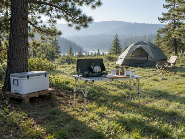 A morning campsite with a camp stove on a folding table and a white cooler set apart in the shade of a pine tree.