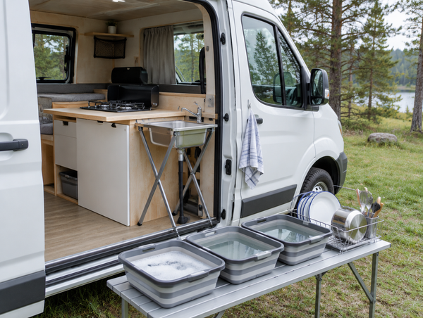 Open side door of a camper van set up as a galley, with three wash bins lined up on a folding table outside.