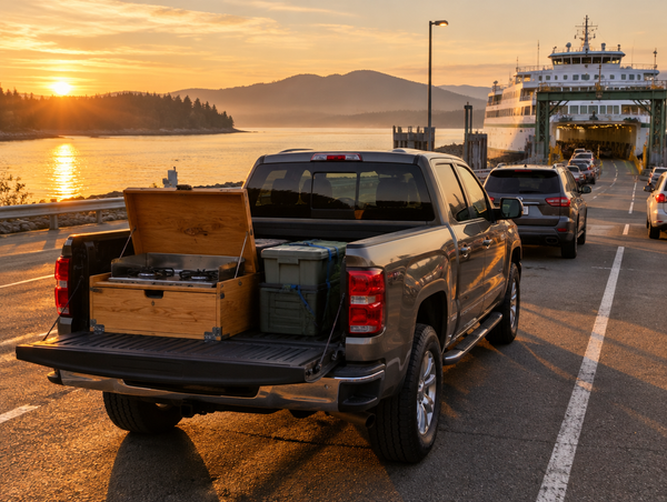 Pickup truck with an open camp kitchen box waiting in a ferry terminal lane by calm water at golden hour
