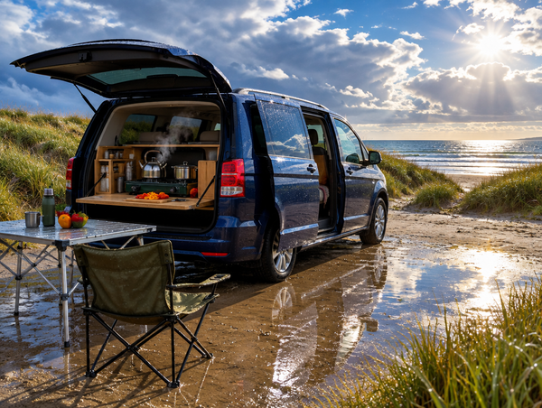 A minivan with its liftgate open over a camp kitchen on wet sand among dune grass as the sun breaks through after rain.