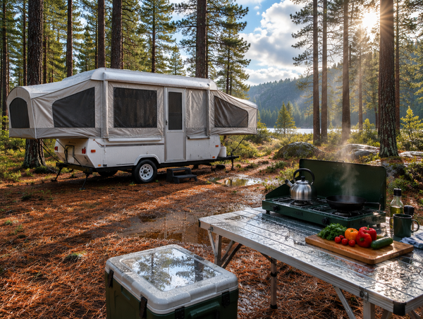 A pop-up camper in a wet pine clearing with an outdoor camp stove and cookware set up on a folding table beside it.