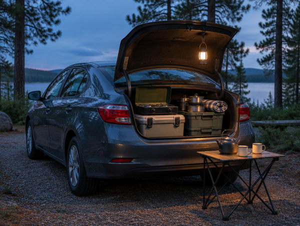 A sedan with its trunk open at a campsite at dusk, packed with camp kitchen gear beside a lantern-lit folding table.
