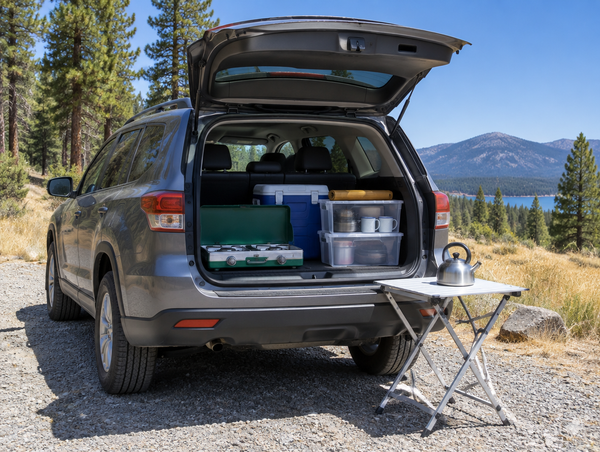 An SUV with its liftgate open on a sunny gravel campsite, a compact camp kitchen packed neatly in the cargo area.