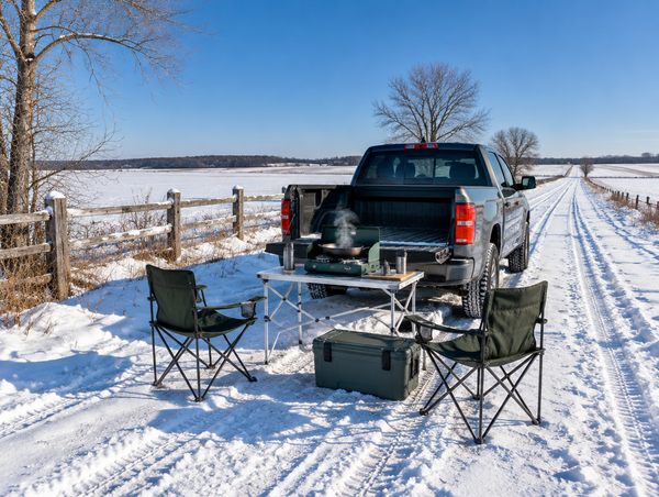 Pickup truck on a snowy farm track with its tailgate down and a neat camp kitchen set up behind it under blue sky
