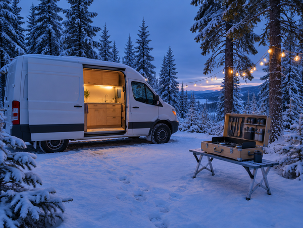 A camper van with a lit built-in galley parked in snowy woods at dusk, with a portable kitchen box open on a bench nearby.