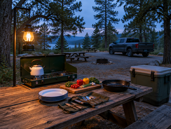 Camp cooking gear on a timber picnic table under trees at dusk, lit by a warm hanging lantern.