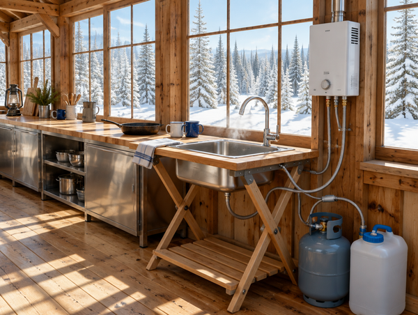 A camp kitchen sink with a tankless propane water heater in a sunny timber shelter, snowy pines outside the windows