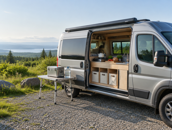 Camper van with its side door open to a compact galley with stove, sink and cooler on a clear green morning.