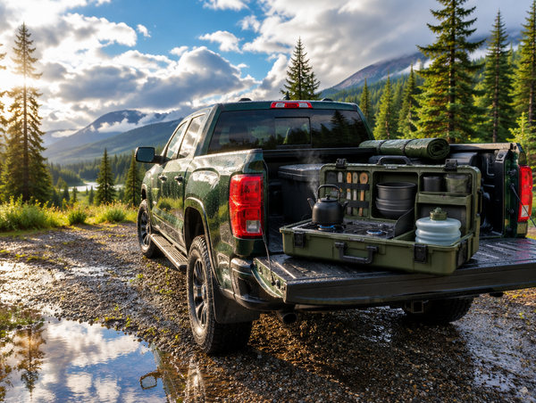 A pickup truck with its tailgate down holds an open camp kitchen case with a stove, beside wet gravel and pine trees after rain.