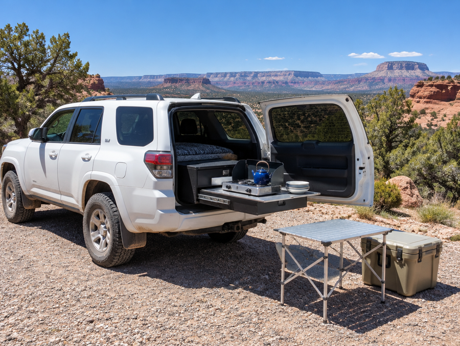 A white mid-size SUV at a desert campsite with its rear door open and a slide-out camp kitchen drawer extended.