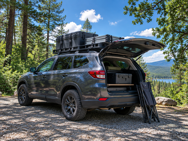A grey SUV with a camp kitchen box strapped to its roof rack, parked at a sunny forest campsite under a blue sky.