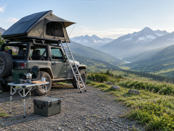 An open-top 4x4 with an open rooftop tent and a folding camp kitchen, parked on a gravel alpine pullout at dawn.