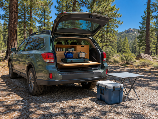 A station wagon with its liftgate open at a sunny pine campsite, a compact wooden camp kitchen in the cargo area.