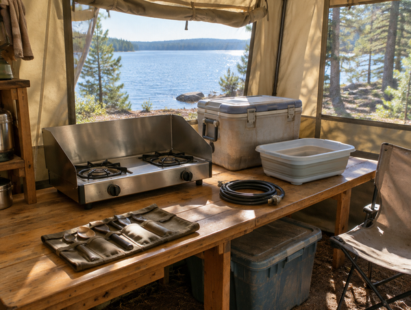 Sunlit canvas tent kitchen with a wooden table, steel camp stove and cooler beside a calm lake