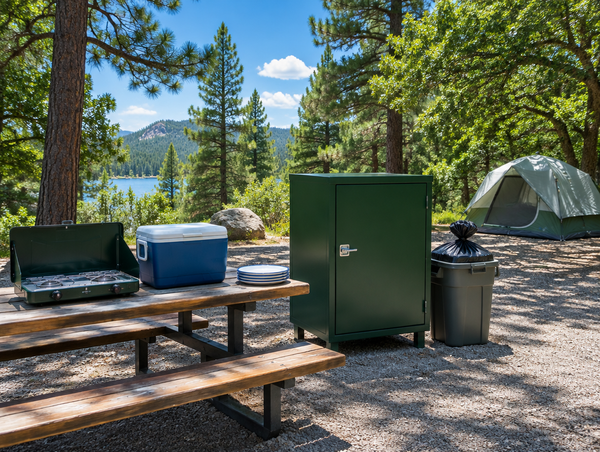 A tidy forest campsite on a sunny day with a picnic table camp kitchen, a steel food locker and a lidded trash bin.