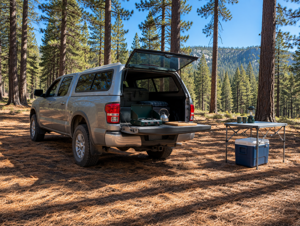 Pickup truck with a camper shell parked in a sunny pine clearing, rear door open and a camp stove on the tailgate.