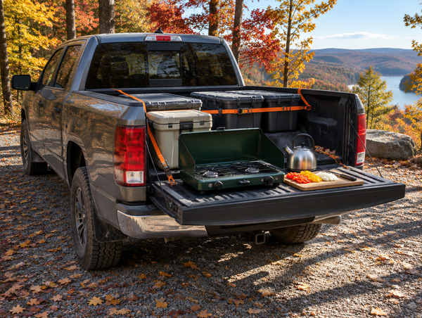 A pickup truck with its tailgate down, set up as a camp kitchen and strapped down, among bright red and gold autumn trees.