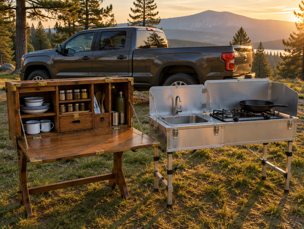 Wooden chuck box and aluminum camp kitchen side by side at a campsite in golden evening light, with a pickup behind them.