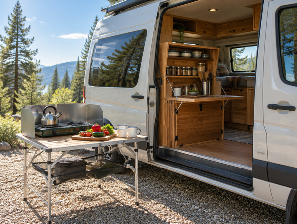 A wooden camp kitchen box in a sunlit camper van doorway next to a folding aluminum camp kitchen table with a stove.