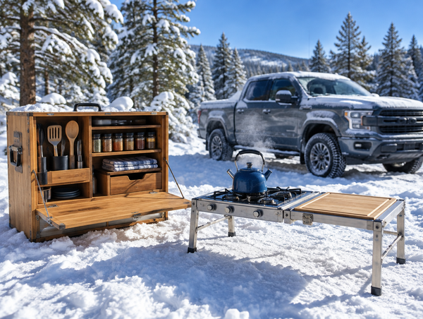 A wooden camp kitchen box and a steel modular camp table with a stove set up at a sunny, snowy campsite.