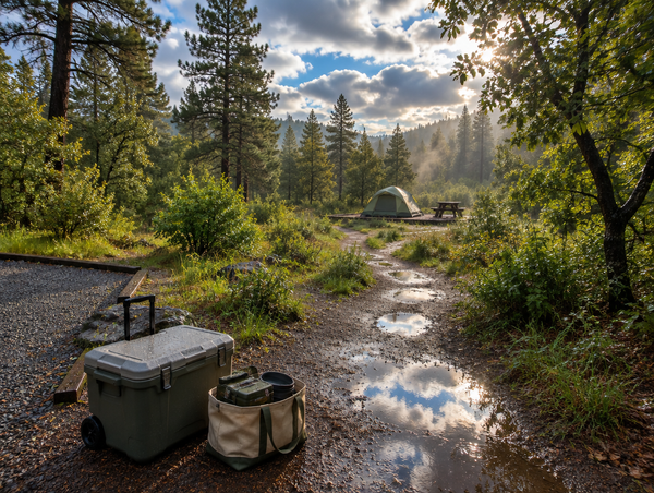 Wet forest footpath after rain leading from a gravel pull-in to a walk-in tent site, with a cooler and camp stove on the trail.