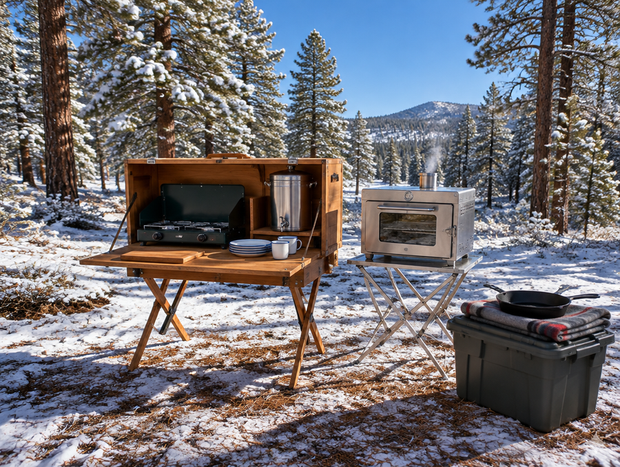 A wooden camp kitchen box and a small stainless camp oven set up in a snowy pine forest clearing under blue sky.
