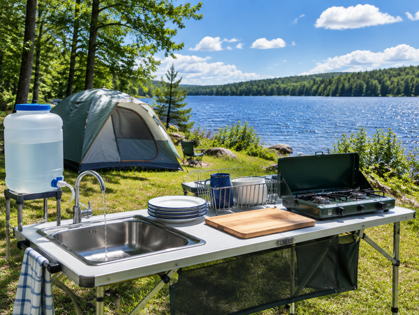 Folding camp kitchen table with a built-in sink and faucet at a sunny lakeside campsite, with a tent and blue water behind
