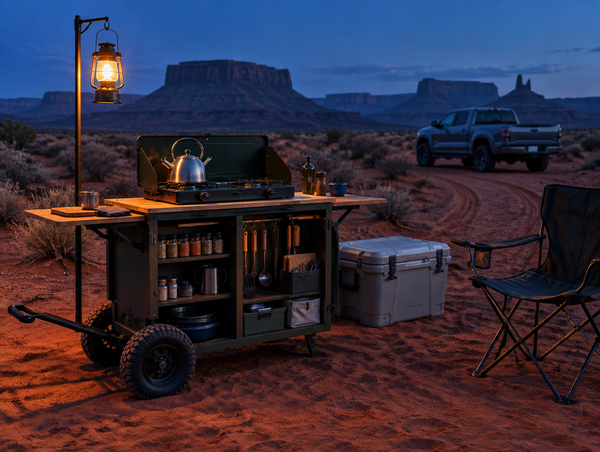 A wheeled camp kitchen lit by a lantern at dusk on red desert sand, with mesas silhouetted on the horizon.