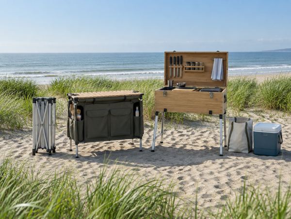 Three camp kitchens of different sizes on the sand at a beach camp, with dune grass and a hazy sea behind them.