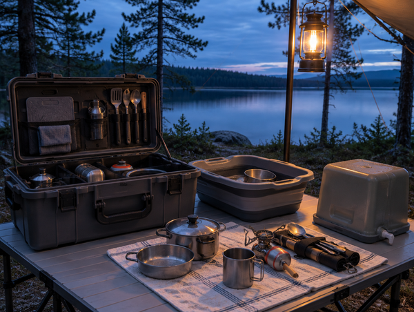 An open camp kitchen case at dusk, with washed pots and utensils drying on a towel by lantern light.