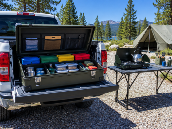 Open camp kitchen box with sorted pouches and bins on a pickup tailgate at a sunny campsite under blue sky.