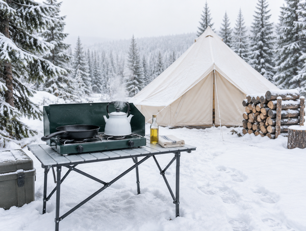 A camp kitchen table with a stove and cast iron skillet sits in the snow among frosted conifers beside a canvas tent.