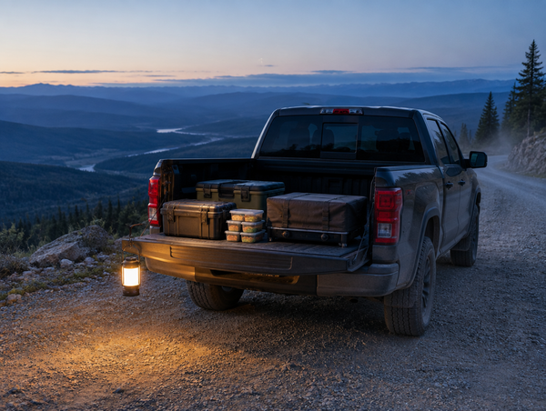 Pickup truck with a covered camp kitchen on its tailgate, parked on a gravel pull-off above a valley at dusk.