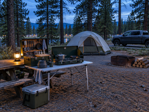 A tidy camp kitchen with stove, cooler and lantern set up at a wooded campsite at dusk beside a tent.