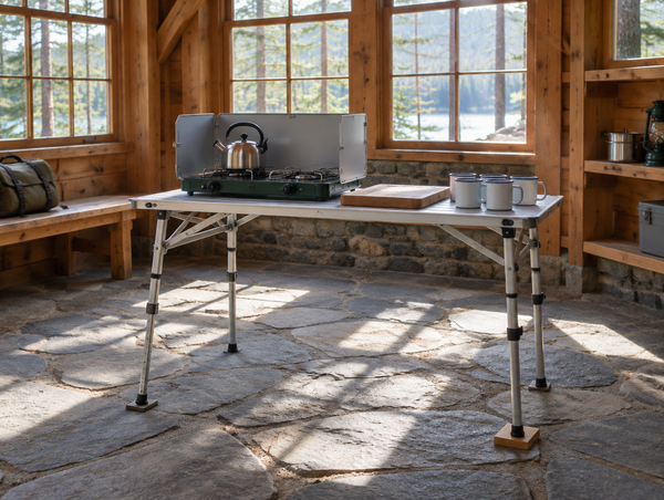 A folding camp kitchen table leveled with a wooden shim on an uneven stone floor in a sunlit timber cook shelter.